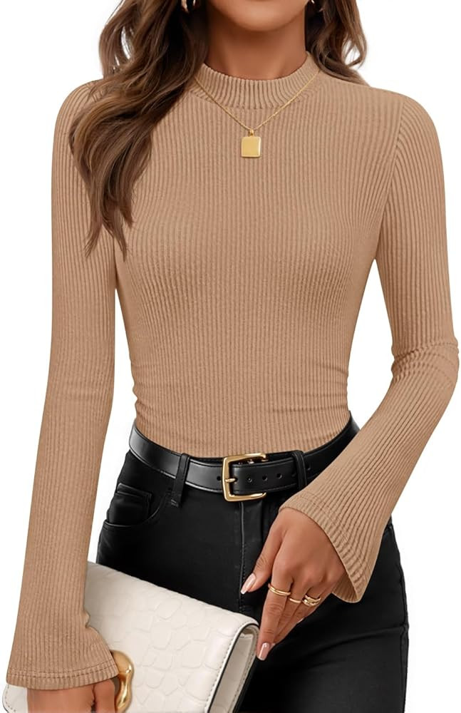 ZESICA Women's Long Sleeve Shirts 2025 Fall Mock Neck Ribbed Knit Slim Fit Tops Basic Tees Dressy... | Amazon (US)