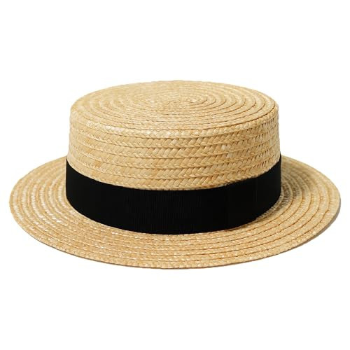 Straw Boater Hat Women Men Skimmer Hat Wide Brim Amish Hat Christmas Costume Handmade Natural Straw Black | Amazon (US)