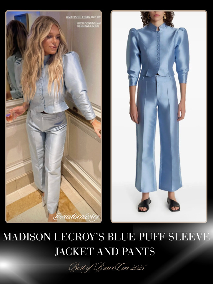 Madison LeCroy's Blue Satin Puff Sleeve Jacket and Pants 📸= @madisonlecroy Styling= @modestoo/@coulsonbingham  

 