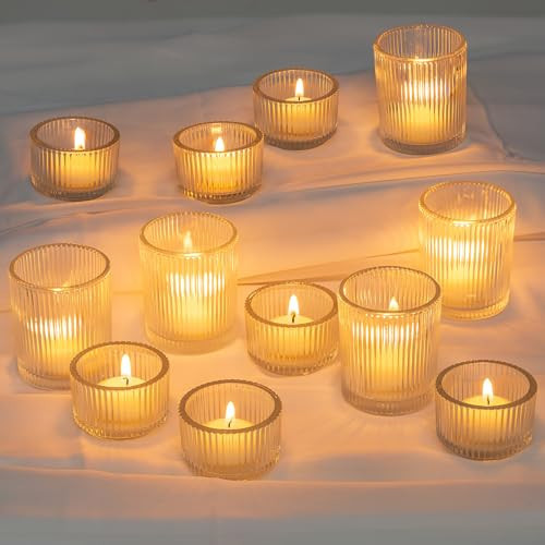 Glasseam Clear Glass Votive Candle Holders: Small Tea Light Candle Holders in Bulk, Ribbed Vintage Candle Holder Set of 24, Decorative Tealight Holders for Wedding Centerpieces Party Decorations | Amazon (US)