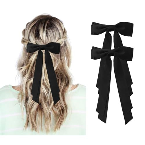 Black Hair Bows for Women - 2Pcs Silkly Satin Hair Ribbon Bow with Metal Clips Hair Accessories for Girls | Amazon (US)