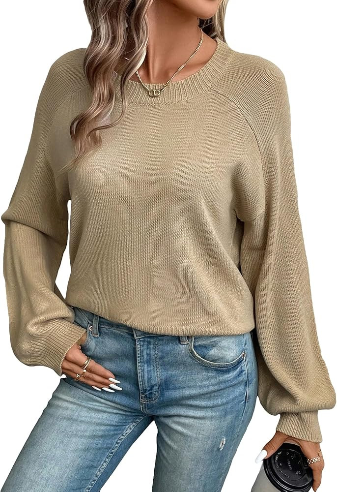 SweatyRocks Women's Raglan Long Sleeve Pullover Sweater Tops Loose Round Neck Solid Sweaters | Amazon (US)