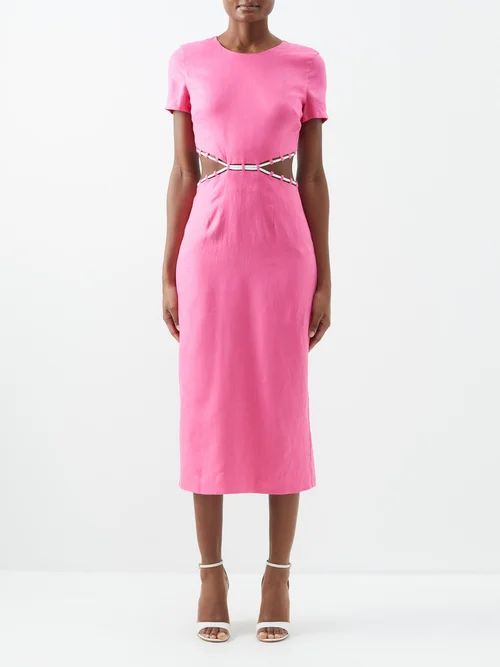 Staud - Matteo Cutout Linen Midi Dress - Womens - Pink White | Matches (US)