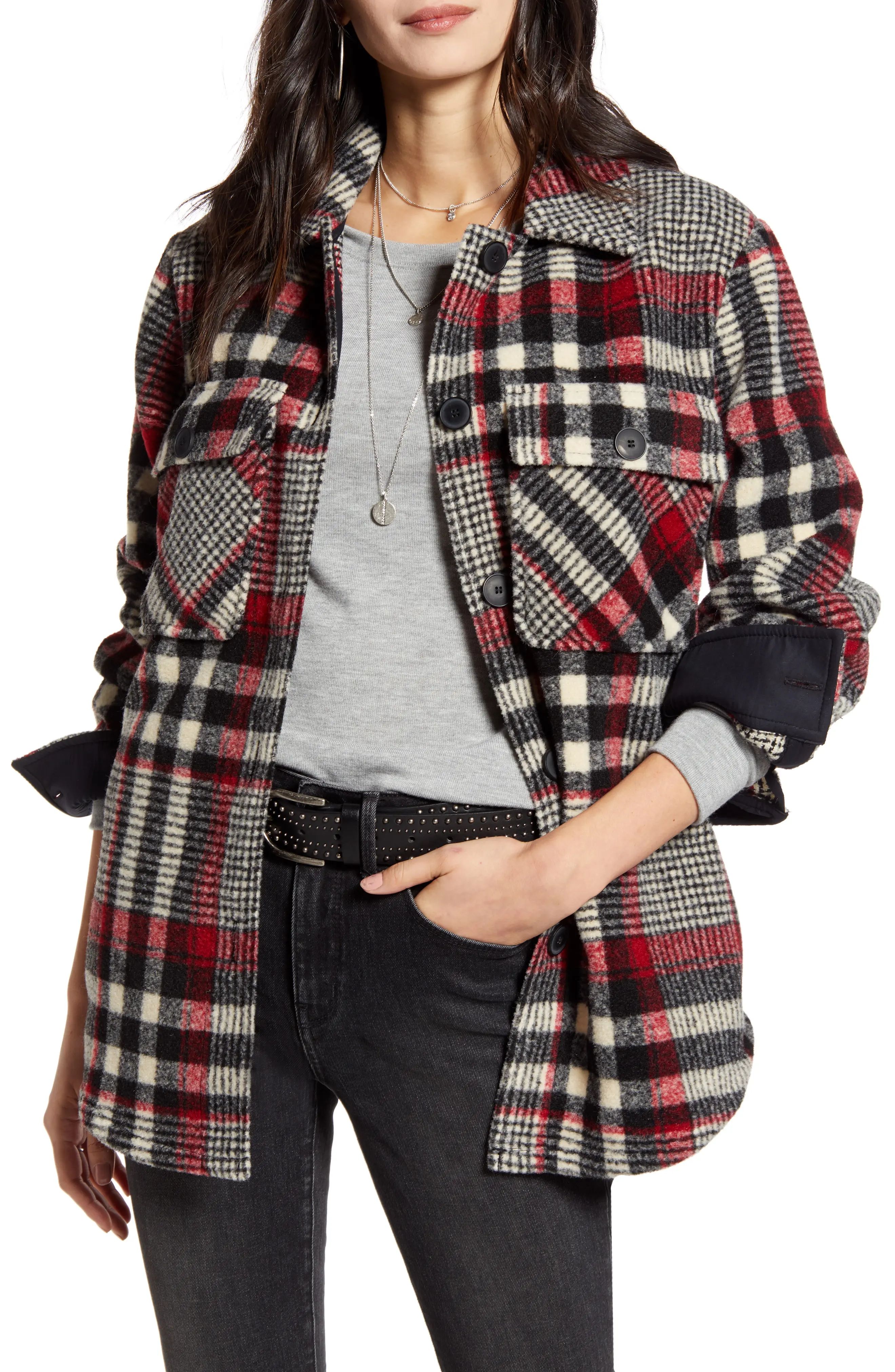 Women's Treasure & Bond Plaid Shirt Jacket, Size X-Large - Black | Nordstrom