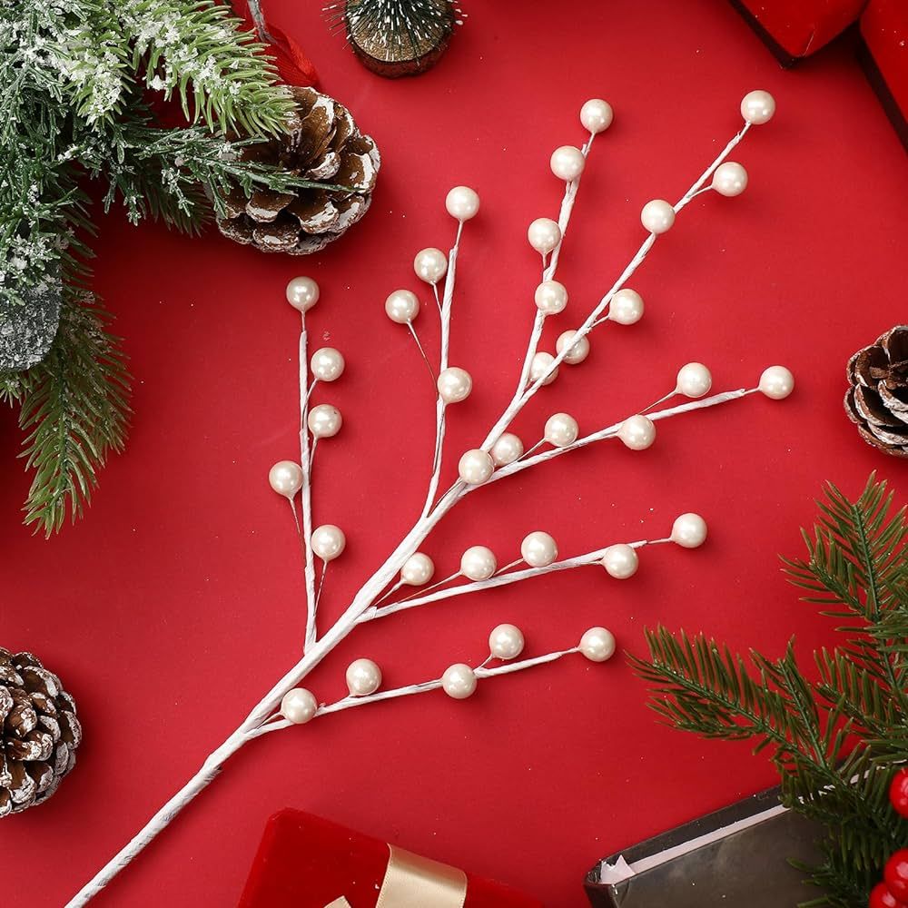 Zeyune 16 Pcs 17" Pearl White Berry Stem Picks White Christmas Tree Picks White Christmas Pearl F... | Amazon (US)