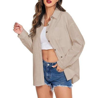 Zeagoo Women's Linen Button Down Shirt Casual Long Sleeve Cotton Blouse Loose Fit Collared Work Gauze Tops with Pocket-Light Khaki-XXL | Target
