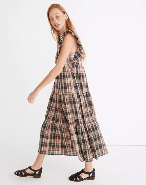 Flutter-Sleeve Tiered Midi Dress in Plaid | Madewell