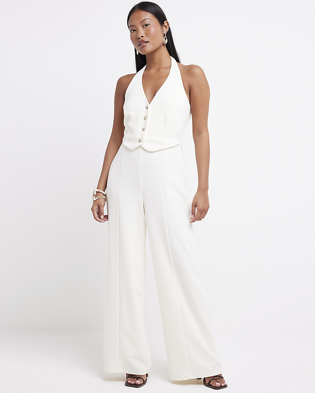 Petite Cream Halter Neck Waistcoat Jumpsuit | River Island (UK & IE)