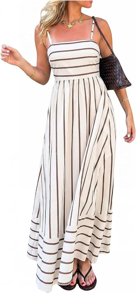 Floerns Women's Striped Summer Maxi Dress Spaghetti Strap Smocked Flowy Vacation Sundresses | Amazon (US)
