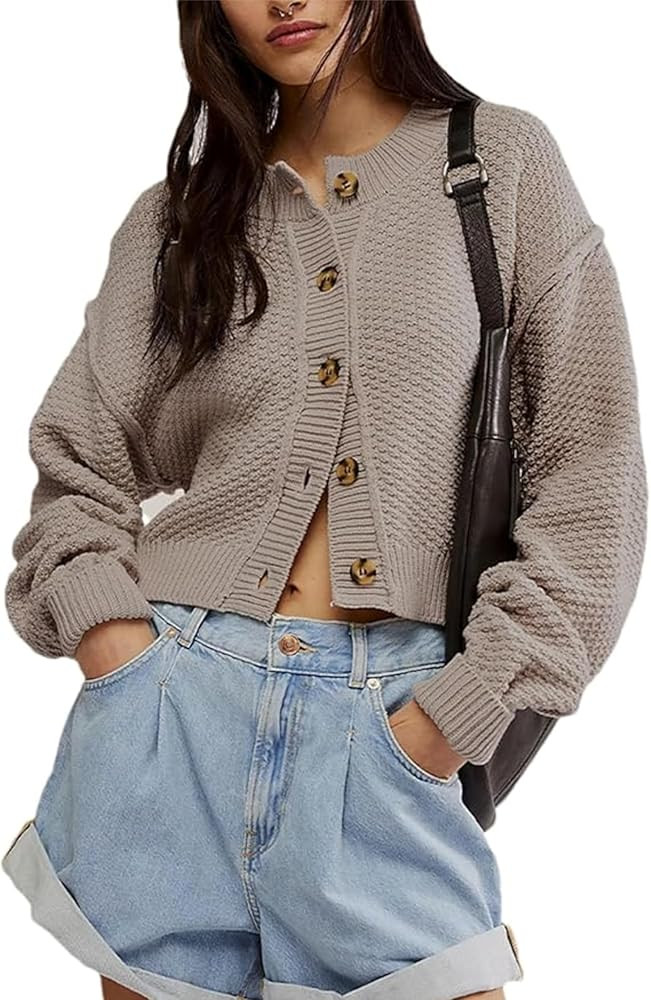 Minghzu Womens Cropped Cardigan Sweaters Loose Button Down Knit Sweater Open Front Long Sleeve Ca... | Amazon (US)