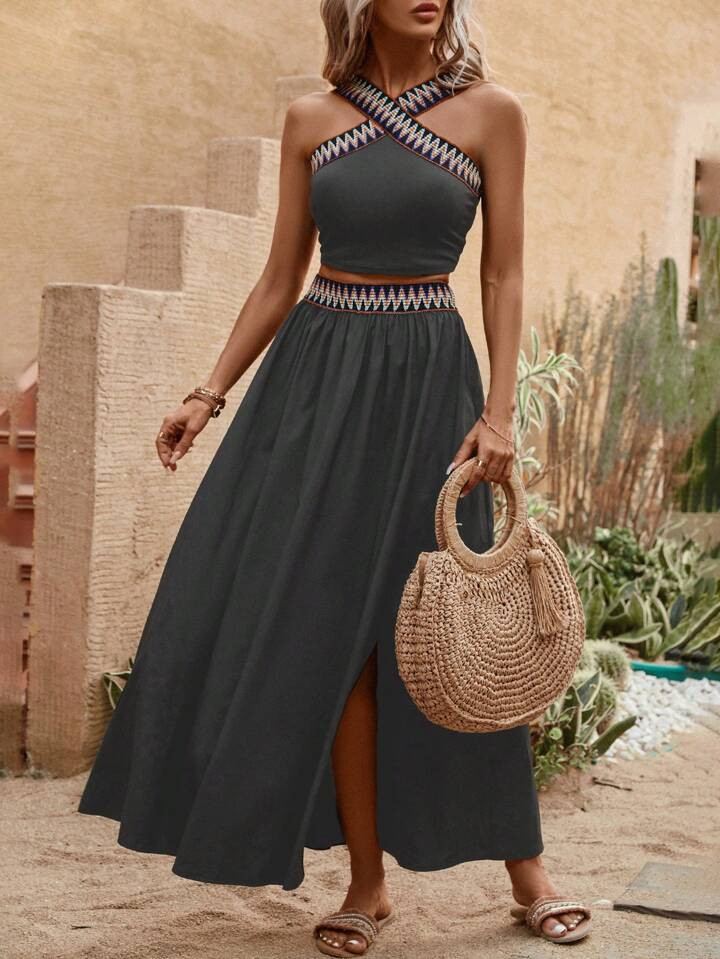 SHEIN VCAY Contrast Tape Crop Top & Split Thigh Skirt | SHEIN