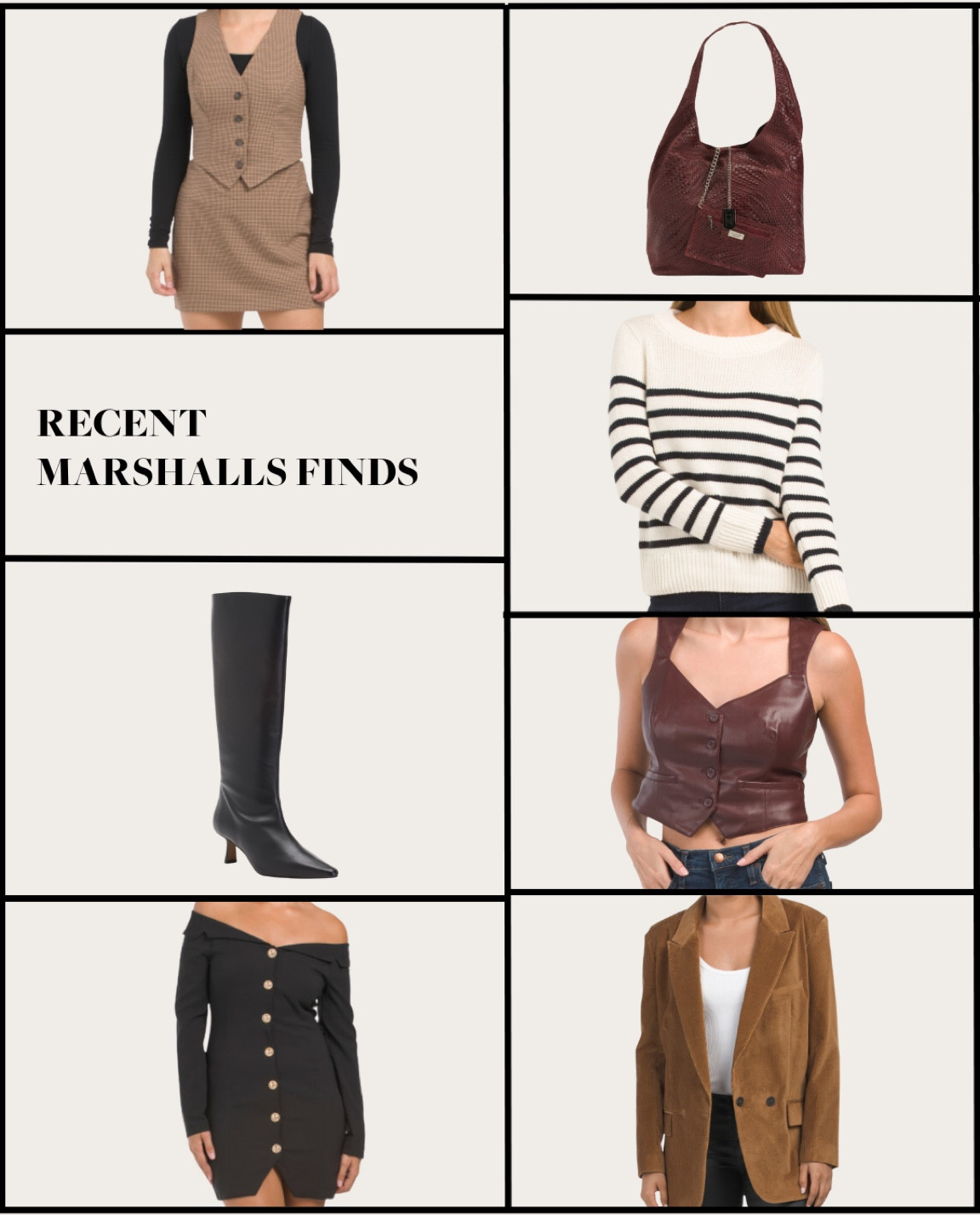 recent Marshall’s finds — plaid vest, red/ burgundy bag, striped sweater, faux brown leather top, black mini dress, brown blazer, black boots #fallstyle #fallfashionaesthetic 

#LTKfindsunder100 #LTKstyletip #LTKshoecrush