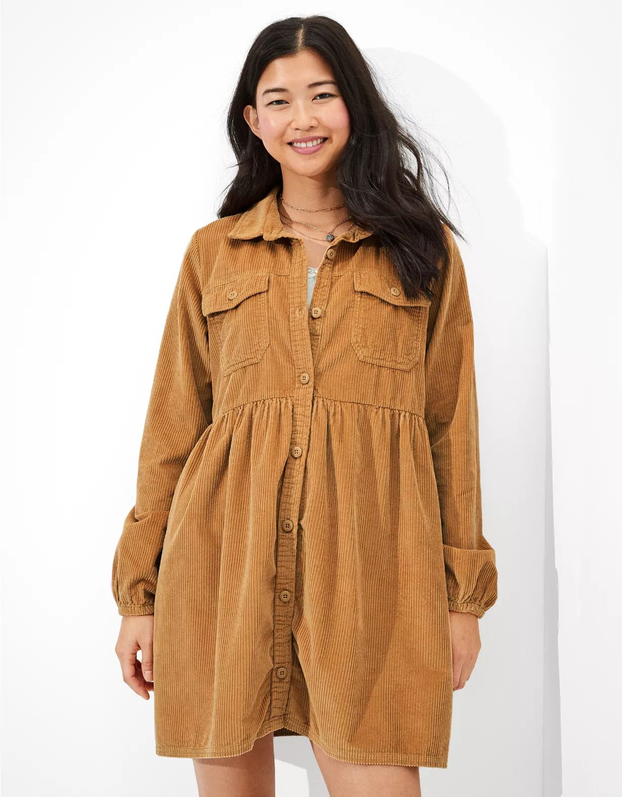 AE Corduroy Babydoll Shirt Dress | American Eagle Outfitters (US & CA)