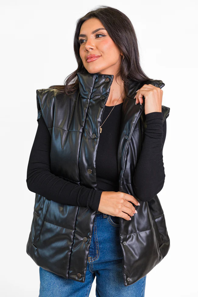 Wilder Days Black Faux Leather Puffer Vest | Pink Lily