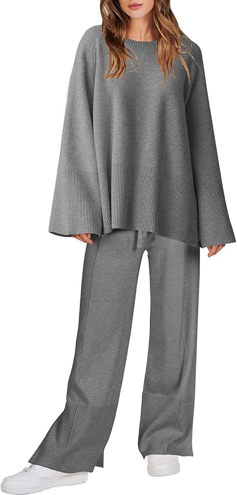 Women 2 Piece Outfits Sweatsuit Oversized Knit Pullover and Drawstring Wide Leg Pants Sweater Set... | Amazon (US)