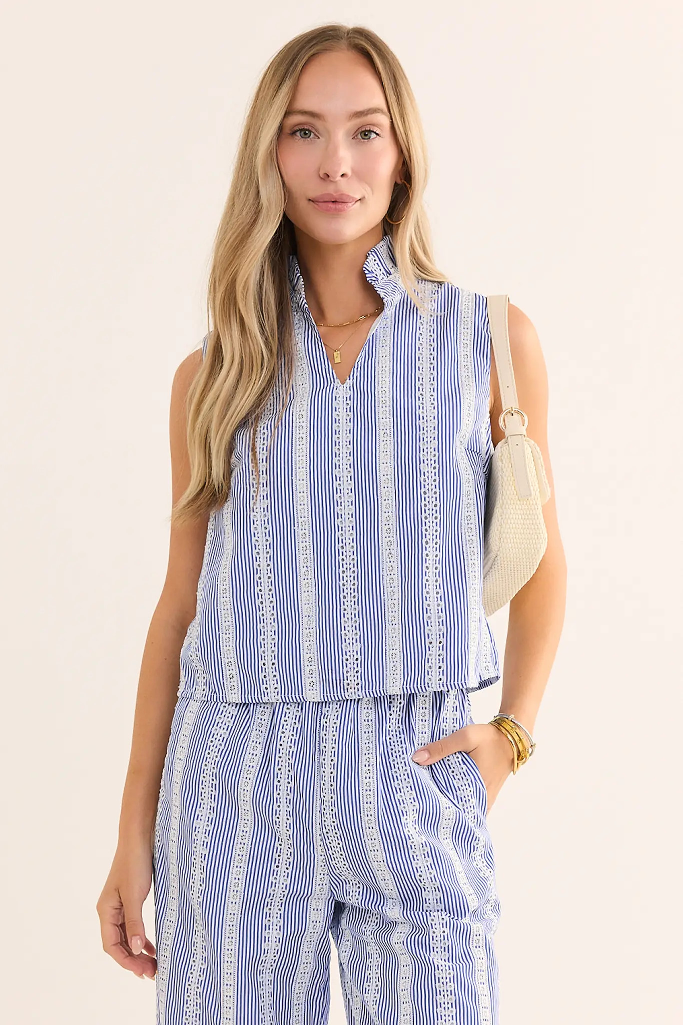 Blue Stripe Embroidered Tank Top | Avara