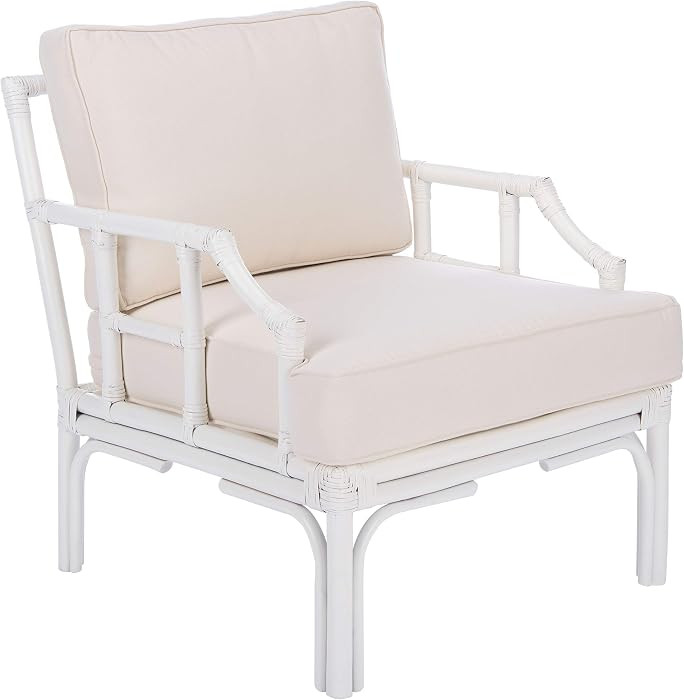 Safavieh Home Kazumi Coastal White Rattan Cushion Accent Chair | Amazon (US)