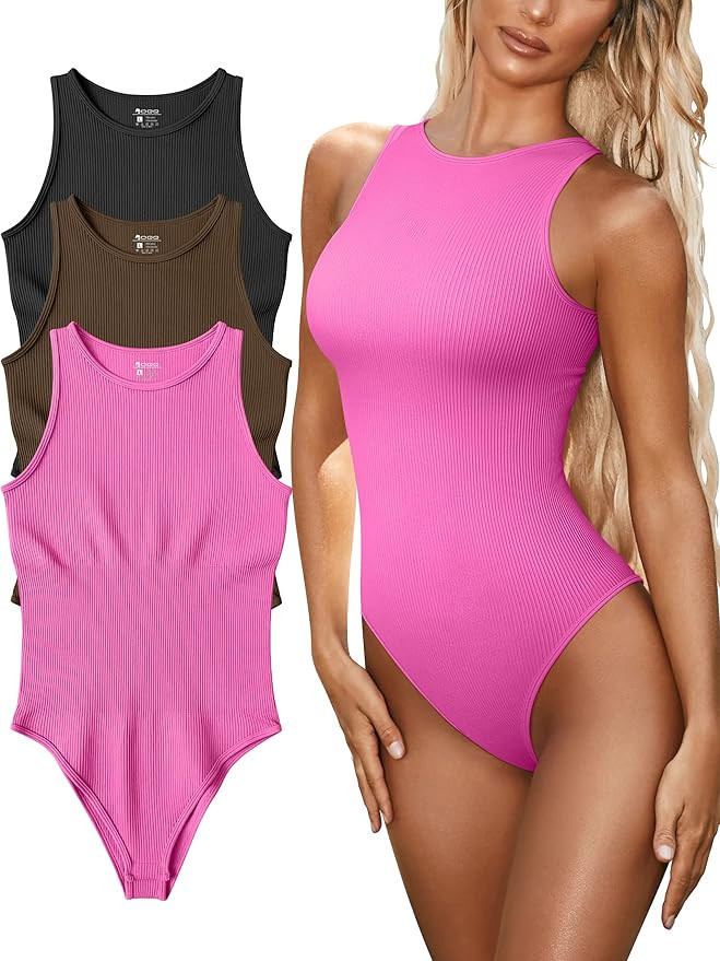 OQQ Women's 3 Piece Bodysuits Sexy Ribbed One Piece Sleeveless Halter Neck Bodysuits | Amazon (US)