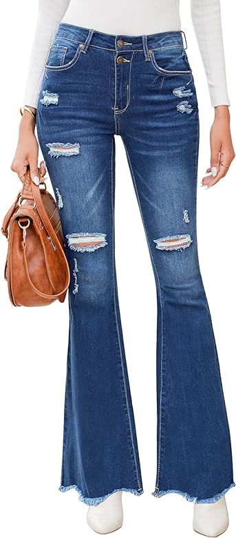 LookbookStore Flare Jeans for Women Distressed Bell Bottom High Waisted Denim Bootcut Jeans 70s Outf | Amazon (US)