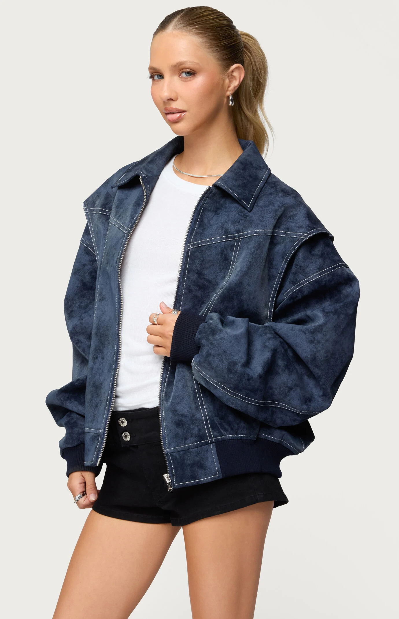 Edikted Women's Ownley Oversized Faux Leather Bomber Jacket in Navy - Size Small | PacSun