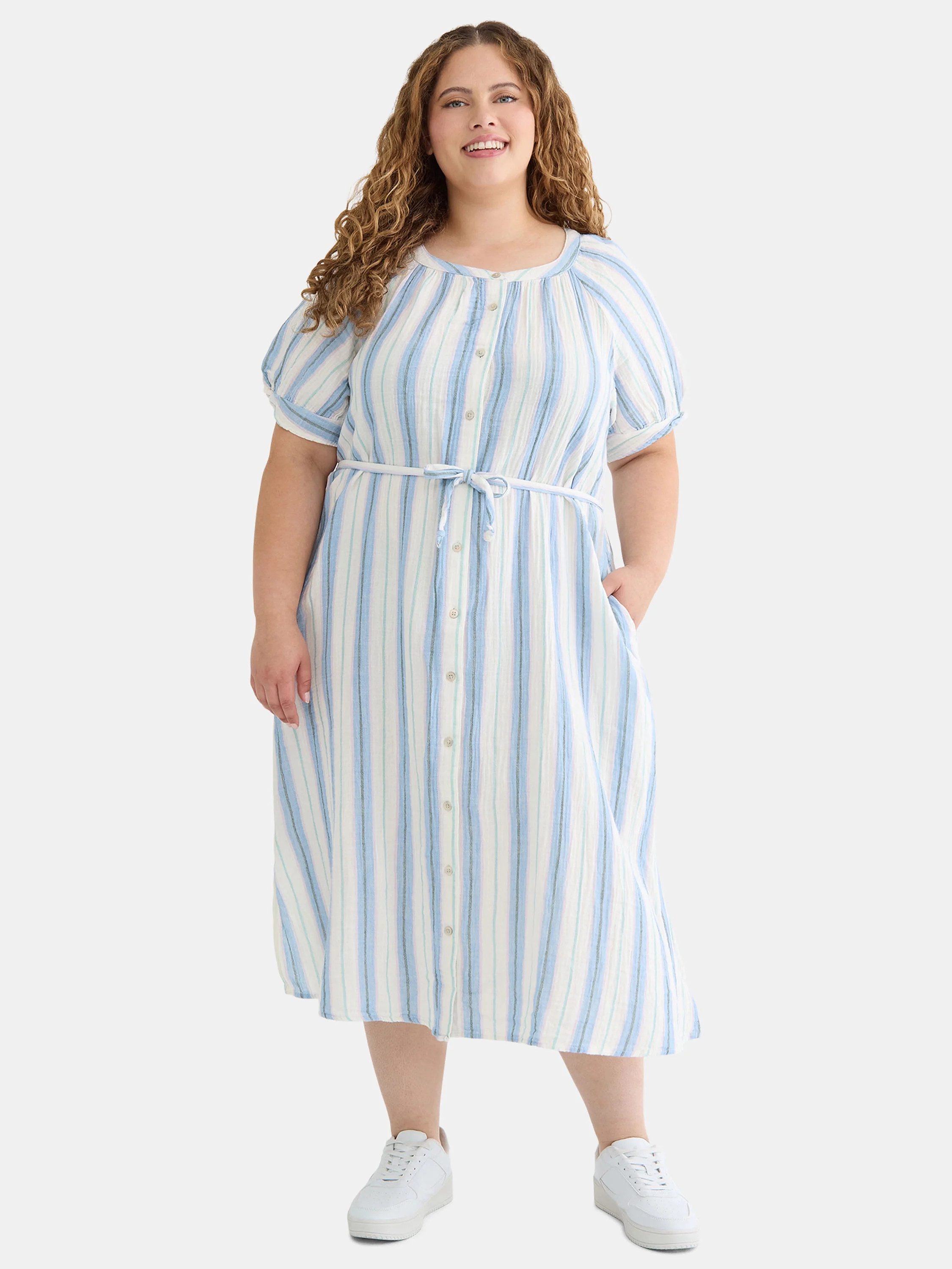 Time and Tru Women’s and Women’s Plus Cotton Double Cloth Midi Dress, Sizes XS-4X | Walmart (US)