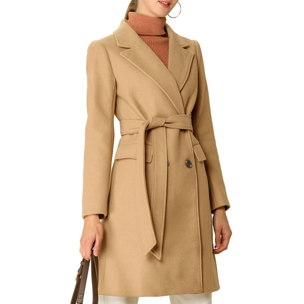 Unique Bargains Women's Double Breasted Belted Pocket Trench Long Coat - Walmart.com | Walmart (US)