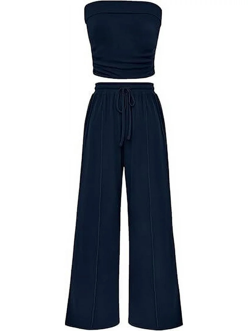 PRETTYGARDEN Womens Summer Outfits 2 Piece Sets Casual Ribbed Knit Crop Tube Top Wide Leg Pants S... | Walmart (US)