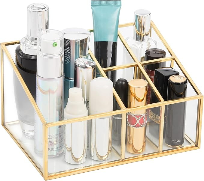 Cedilis Vintage Makeup Organizer, Glass Metal Cosmetic Organizer, Gold Makeup Brush Holder, 5 Com... | Amazon (US)