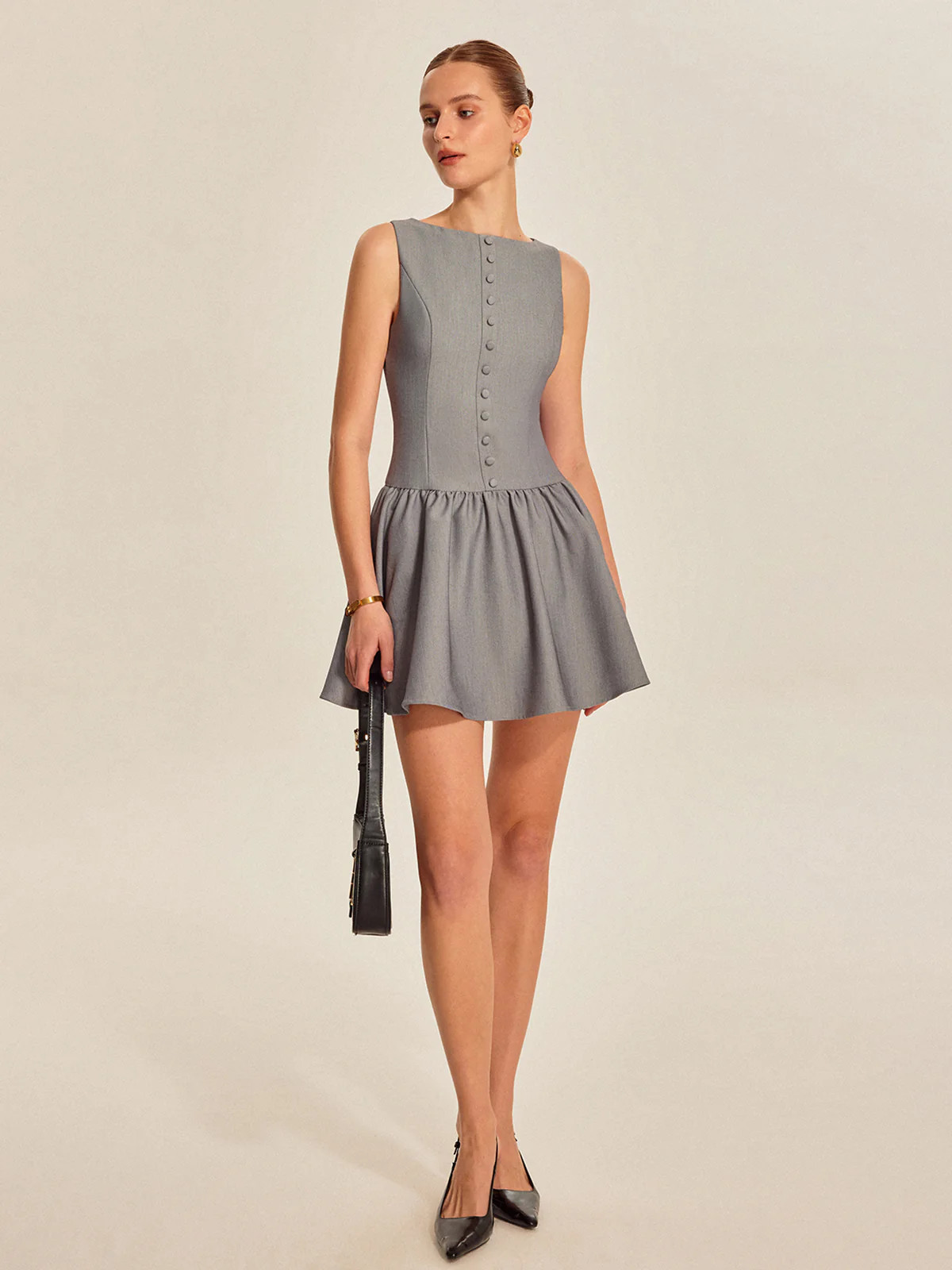 Button Front Pleated Sleeveless Dress | Commense