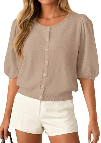PRETTYGARDEN Puff Short Sleeve Cardigans for Women Lightweight 2026 Summer Shirts Button Up Knit ... | Amazon (US)