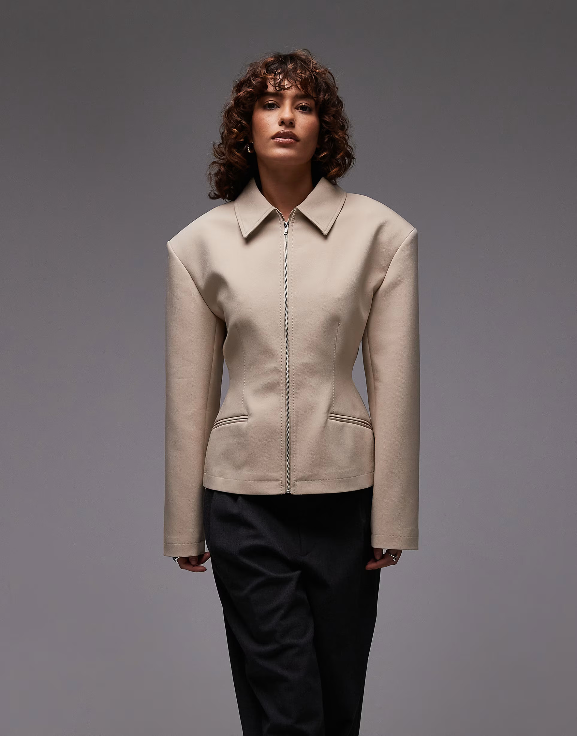 ASOS DESIGN tailored sculpted cinch waist zip up jacket in camel | ASOS (Global)