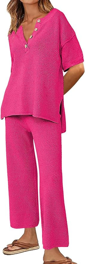 Ekouaer Lounge Set for Women 2 Piece Outfits Knit Short Sleeve Sweater Top Wide Leg Long Pants Pa... | Amazon (US)