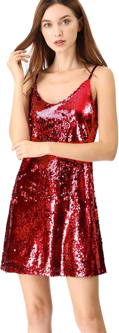 Allegra K Women's Glitter Sequin Dress Spaghetti Strap V Neck Party Cocktail Sparkly Mini Dress C... | Amazon (US)
