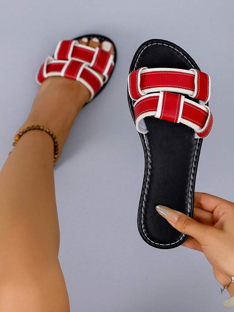 Women's Flat Sandals, Color Block Sandals, Slippers, Spring/Summer New Sandals, Beach Shoes, Party, Birthday Gift Shoes, Flat Low Heel Open Toe Shoes, Color Block Slippers, Holiday Season Shoes, Versatile Fashion Casual Sandals, Round Toe House Slippers, Outdoor Slippers | SHEIN