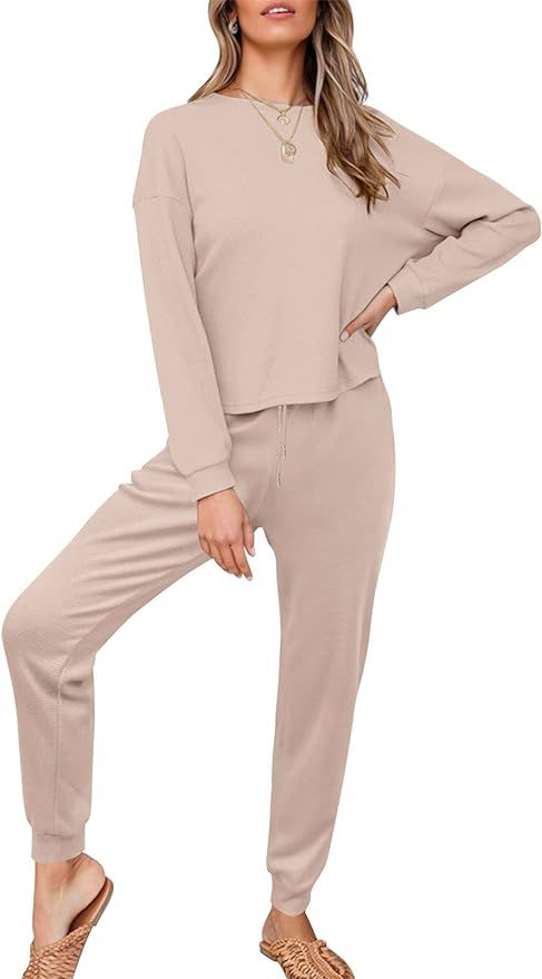 ZESICA Womens Waffle Knit Outfits Set Casual Long Sleeve Top and Pants Two Piece Loungewear Sweat... | Amazon (US)