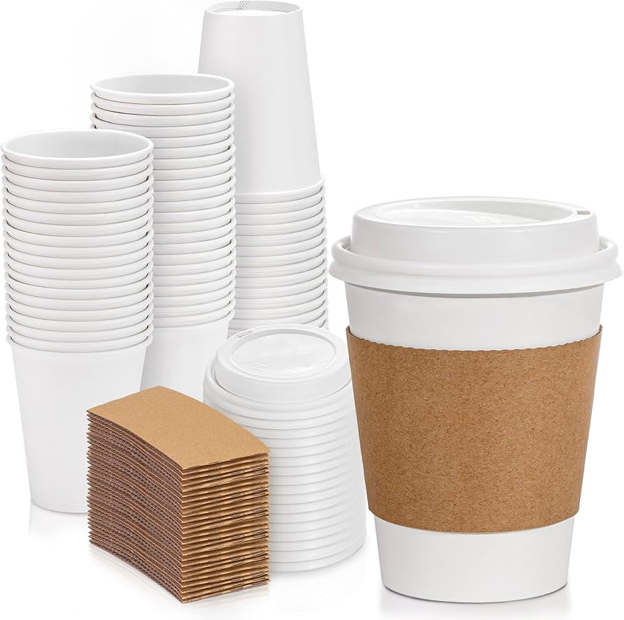 [50 Pack] White Coffee Cups with White Dome Lids and Brown Sleeves - 12oz Disposable Paper Coffee... | Amazon (US)