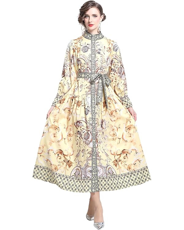 LAI MENG FIVE CATS Women's Floral Print Long Lantern Sleeve Button Up Loose Casual Maxi Dress | Amazon (US)