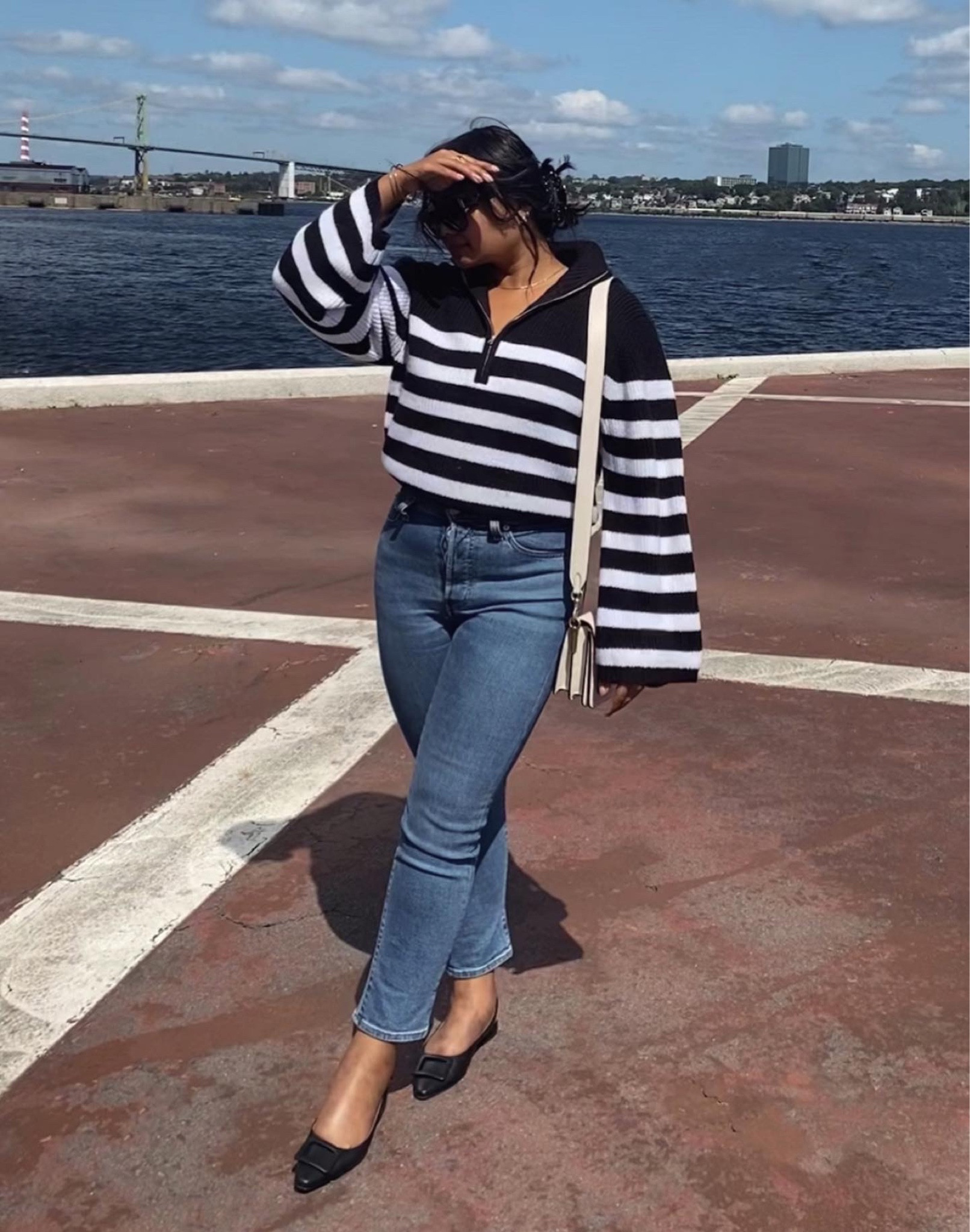 Striped zipper sweater, pullover sweater, polo sweater, coach shoulder bag, dynamite sweater, fall outfits, fall fashion, autumn style inspiration, ballet flats 

#LTKfindsunder100 #LTKstyletip #LTKSeasonal