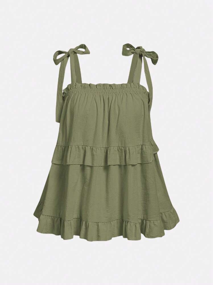 SHEIN MOD Plus Size Beige Retro Romantic Women's Shoulder Strap Spaghetti Strap Loose Layered Lotus Leaf Edge Top, Summer Spaghetti Strap, Casual Daily Wear, Korean Fashion, Date Wear, Cute And Sweet,Casual | SHEIN