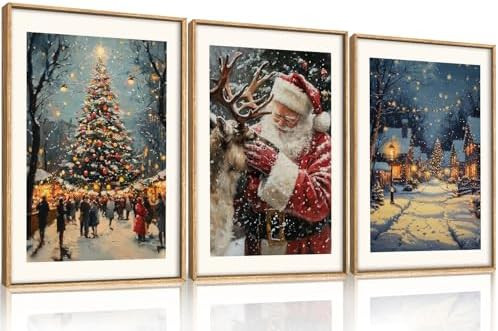 Large Enchanting Christmas Framed Canvas Wall Art Set,Santa Claus Reindeer Wall Decor,Magical Glo... | Amazon (US)