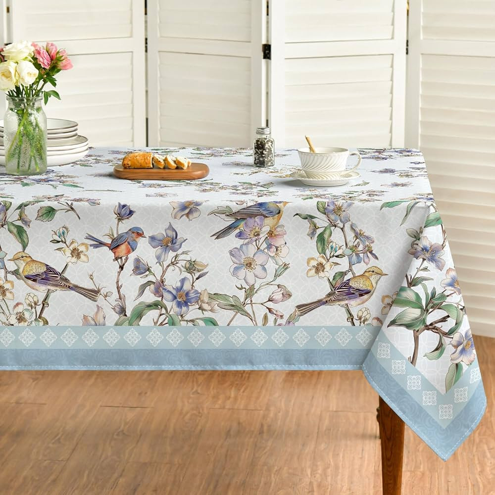 Horaldaily Floral Bordered French Tablecloth 60x84 Inch Rectangular, Blue Flowers Birds Leaves Wa... | Amazon (US)