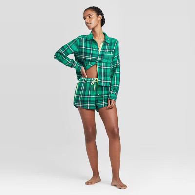 Women's Plaid Flannel Notch Collar Pajama Set - Colsie™ Green | Target