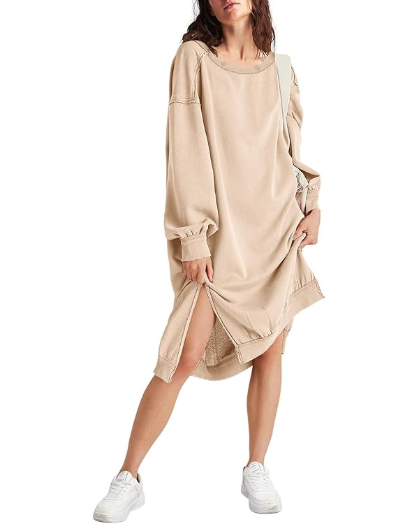 ReachMe Womens Casual Oversized Long Sleeve Scoopneck Pullover Tops Side Slit Midi Sweatshirt Dre... | Amazon (US)