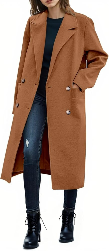 Saodimallsu Womens Trench Coat Winter Lapel Double Breasted Long Pea Coat Casual Work Office Over... | Amazon (US)
