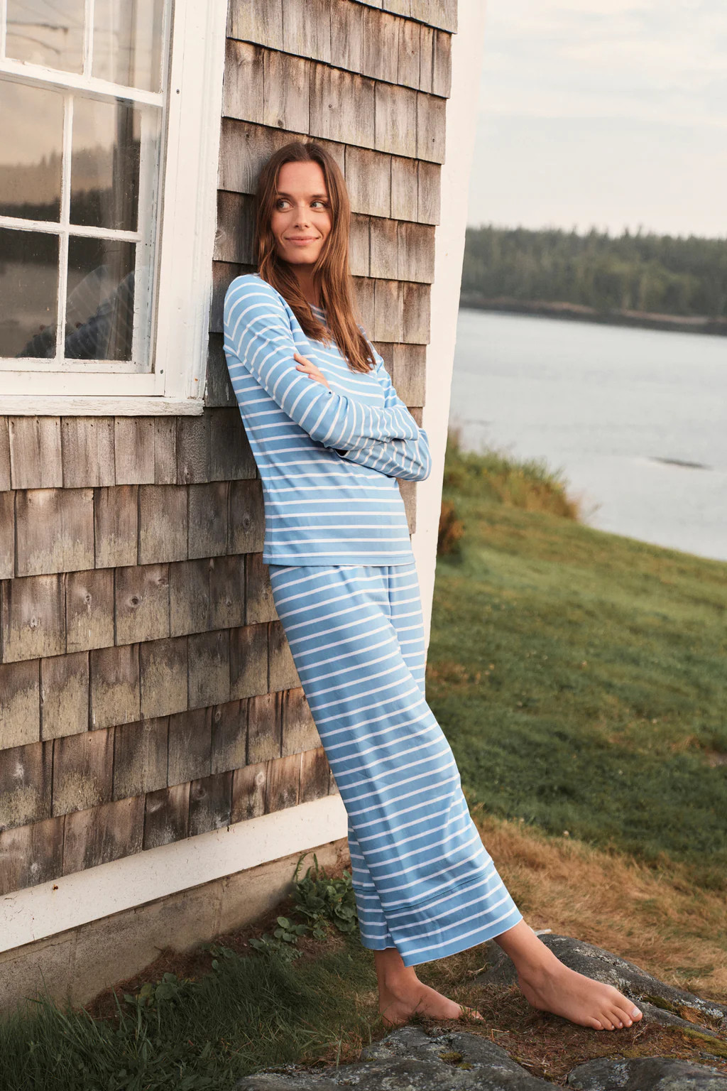 Pima Crew Long Sleeve Wide Leg Pajama Set in Serene Blue Anchor Stripe | Lake Pajamas