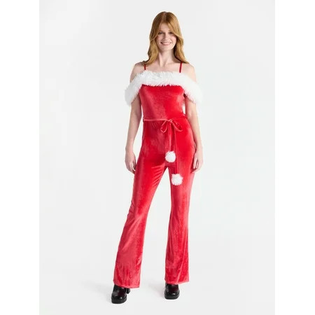 No Boundaries Christmas Santa Off-The-Shoulder Jumpsuit with Faux Fur Trim, Women's | Walmart (US)
