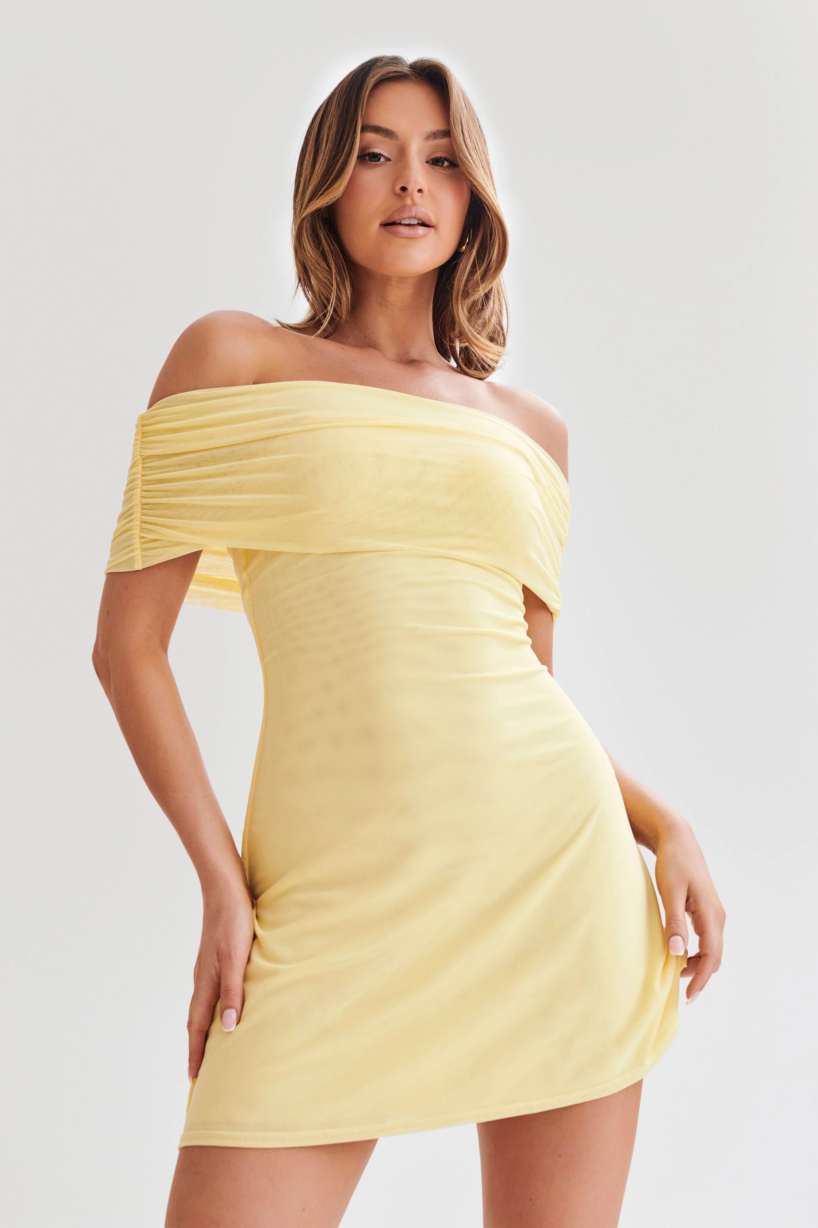 Josie Off Shoulder Mesh Mini Dress - Lemon | MESHKI US