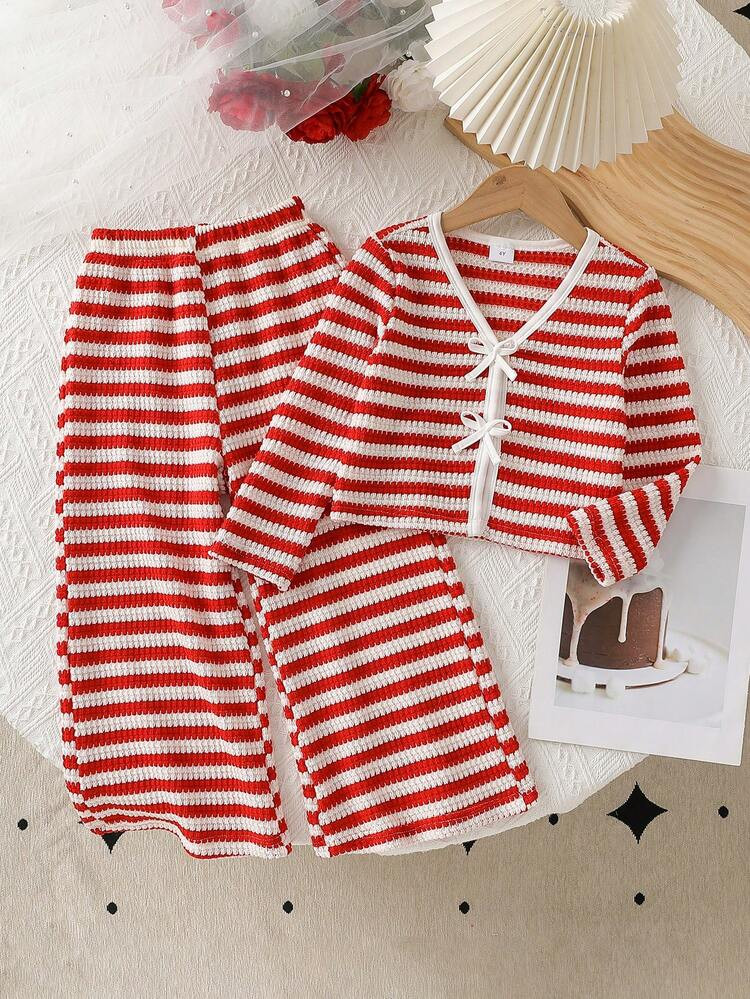 2pcs/Set Girls' Striped Sweatshirt Jacket & Sweatshirt Top With Wide Leg Pants Outfit, Long Sleev... | SHEIN