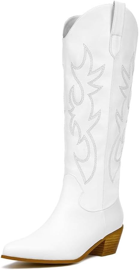 Women's Metallic Cowboy Boots Mid Calf Cowgirl Boots with Shiny Embroiderdy Pointed Toe Stacked C... | Amazon (US)