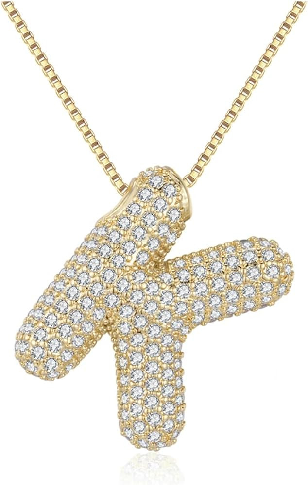 Bubble Letter Necklace Gold for Women，Charm Balloon Initial Letter Pendant Zirconia Inlaid Neck... | Amazon (US)